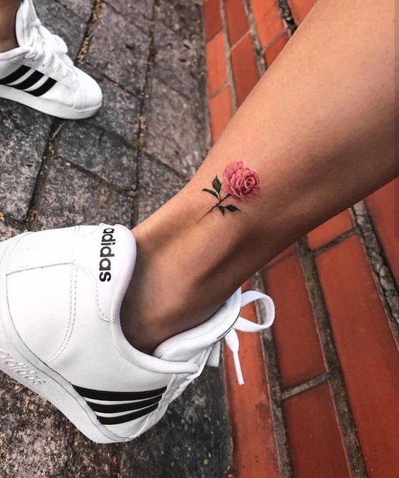 Pink Realistic Rose Tattoo on ankle