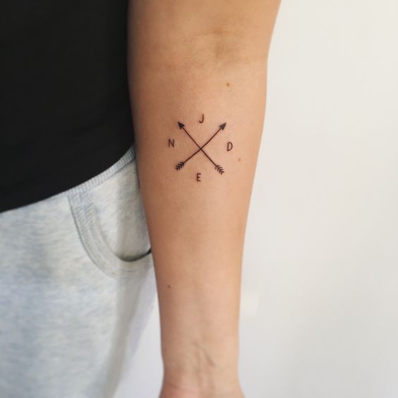 Arrows and first letters of every family member tattoo idea