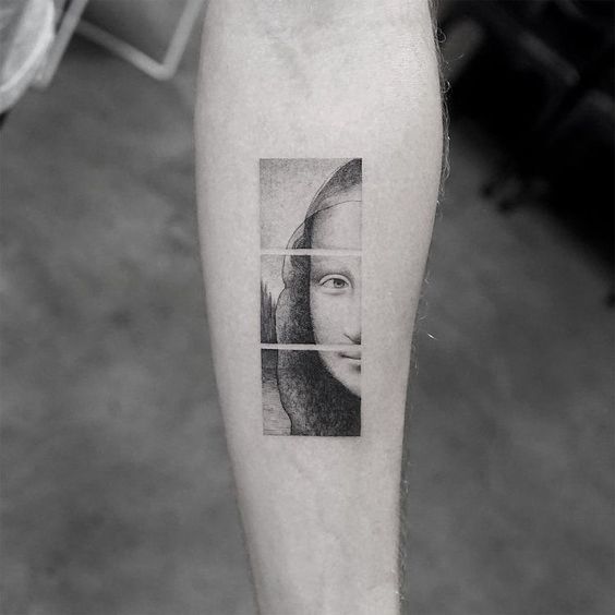 Mona Liza in squares tattoo on arm
