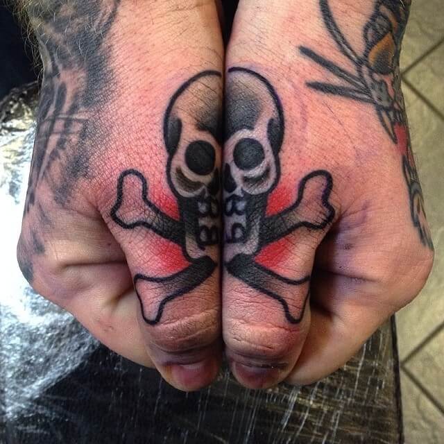 Classic matching skull tattoo on thumbs