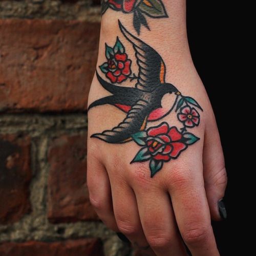 Classic swallow tattoo on the right hand