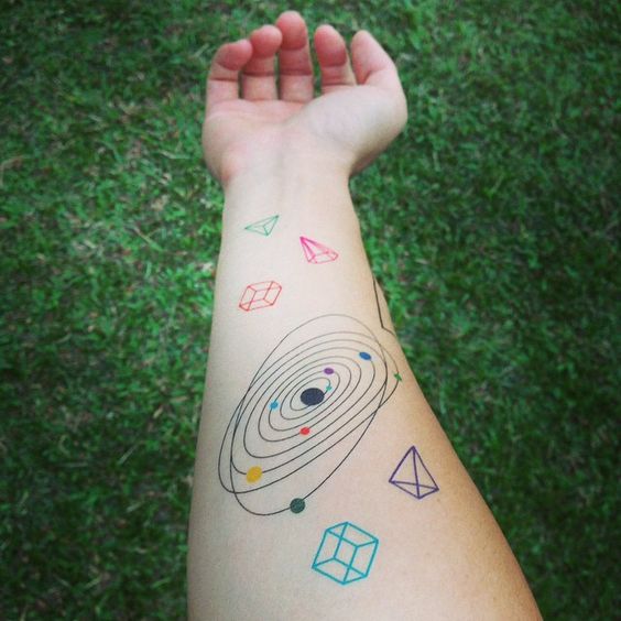 Colorful solar system tattoo on the inner forearm
