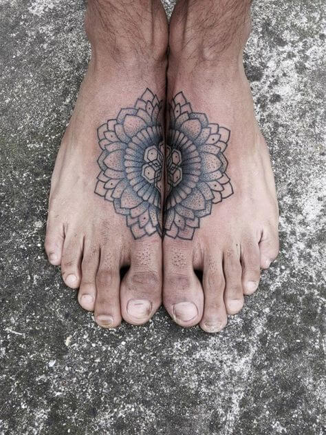 Matching dotwork mandala tattoo on both feet