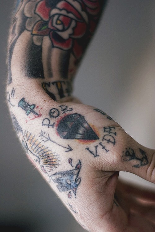 Some small traditional tattoos on the hand