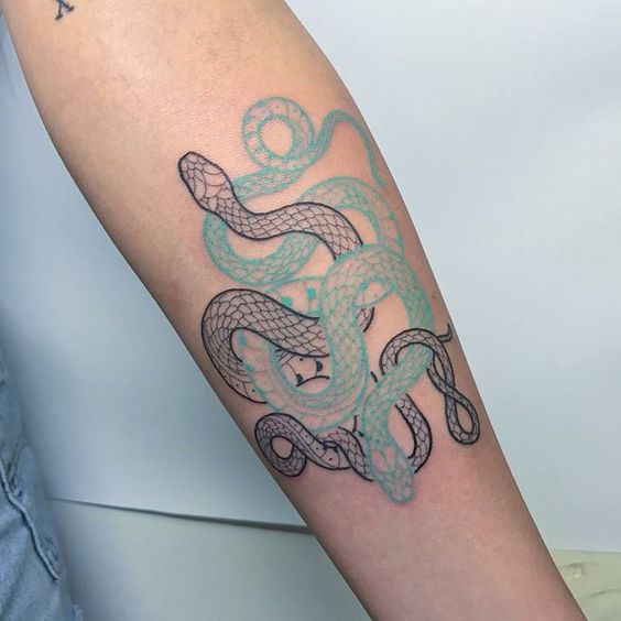 Teal and black color intertwined snake tattoo