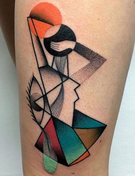 Cubism style abstrac tattoo on the thigh by Mariusz Trubisz