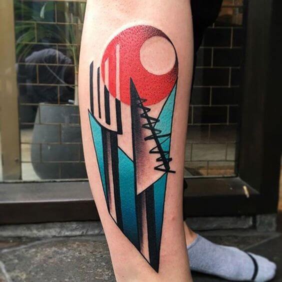 Cubist and abstract style tattoo on the leg by Mike Boyd