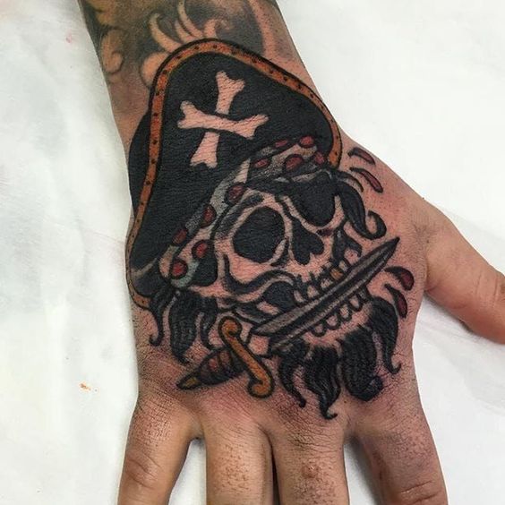 Pirate head tattoo on the hand