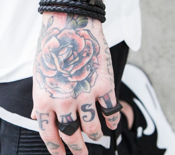 Traditional rose tattoo on hand for guys