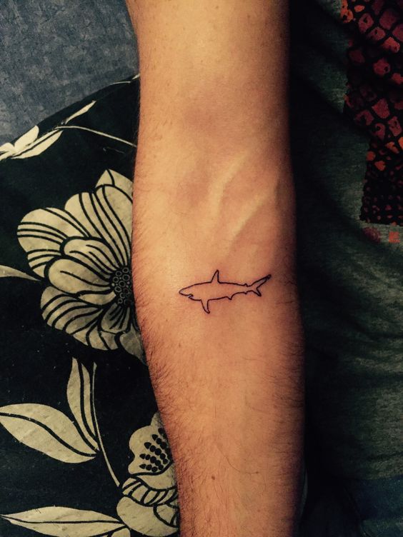 A minimalist outline shark on the inner arm