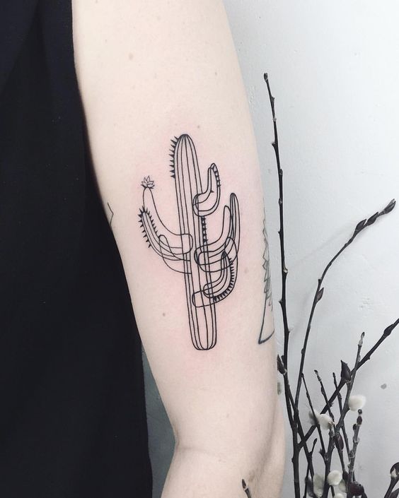 Abstract linear black tattoo of a cactus by laura martinez