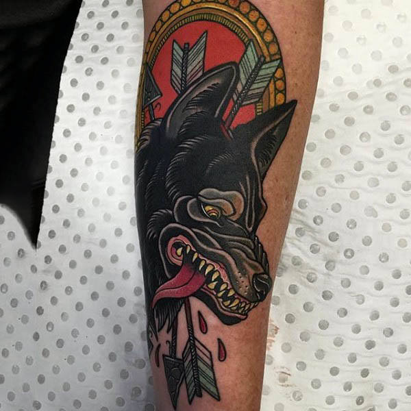 Arrow stabbed wolf neo traditional tattoo