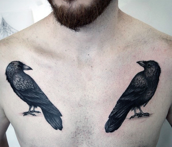 Beautiful pair of ravens tattoo on the both sides of the chest