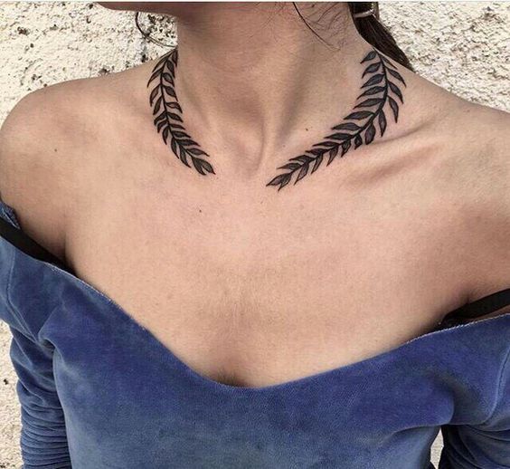 Black fern wreath tattoo around the neck