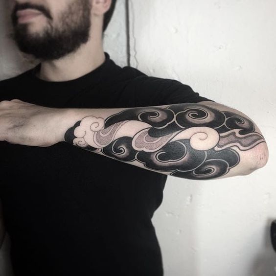Black neo japanese wave tattoo on the left forearm