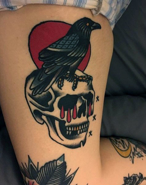 Bloody moon and raven on a skull tattoo