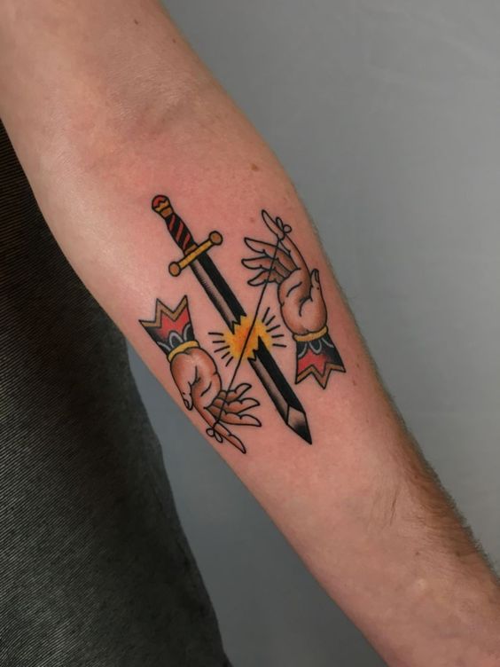 Broken sword and two hands tattoo