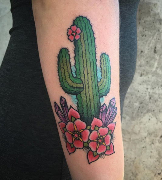 Cactus tattoo with violet crystals and pink flowers