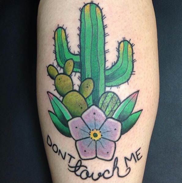 Cactus with a forget me not flower and a friendly reminder not to touch