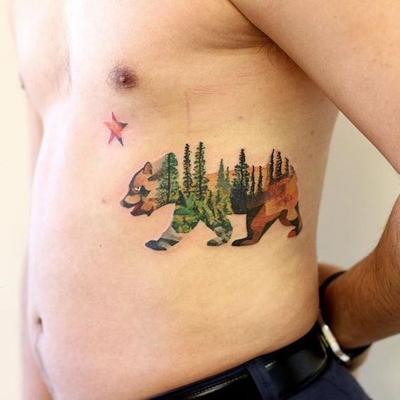 California grizzly bear tattoo on the left rib cage