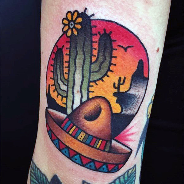 Circular desert landscape tattoo with a cactus and sombrero