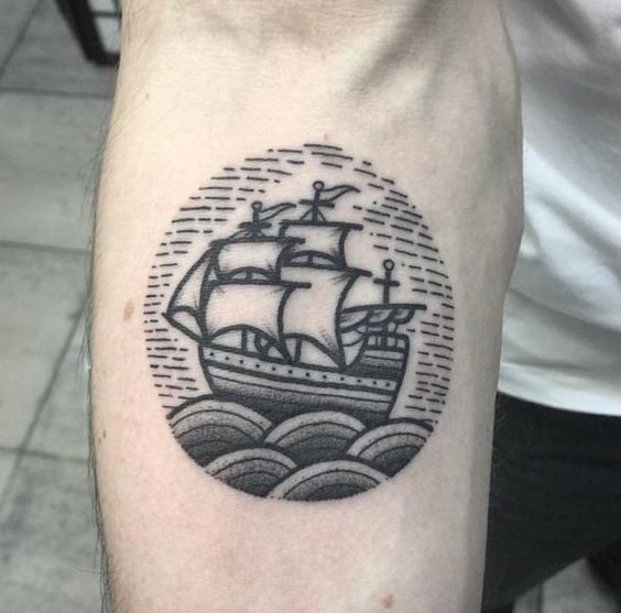Circular dot work style tattoo of a ship