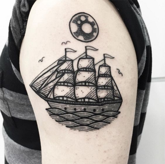 Circular dot work three masted sailing vessel tattoo on the left arm