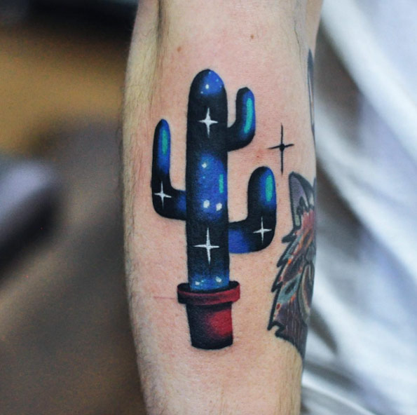 Cosmic pattern cactus in a pot tattoo