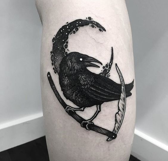 Crescent moon and raven on the branch tattoo by merry tattooer