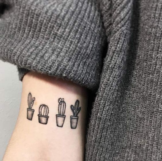 Different cacti species in pots tattoo on the arm
