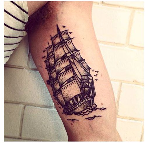 Dot work style tattoo of a sailing three masted vessel