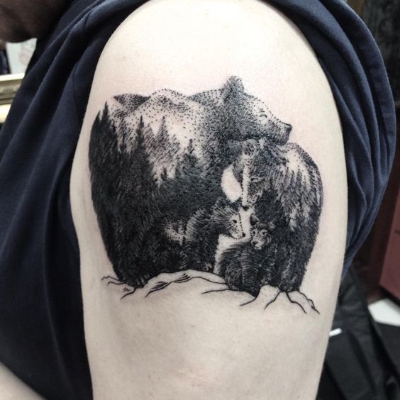 Dotwork bear family tattoo