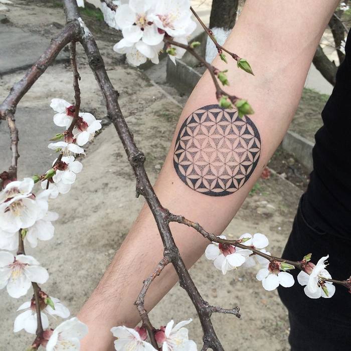 Dotwork black flower of life tattoo