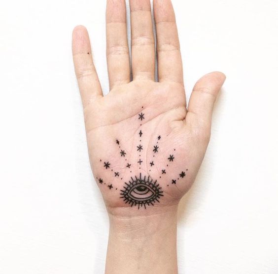 Eye and stars palm tattoo