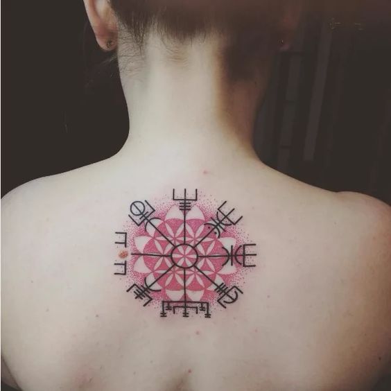 Gorgeous vegvisir tattoo on the red background