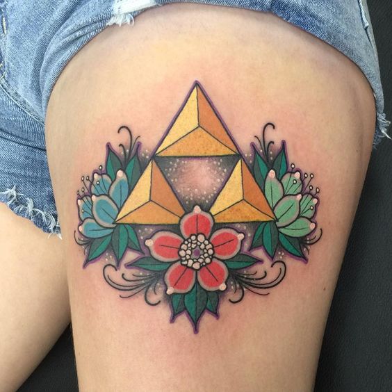 Gorgeous golden triforce with flowers on the left upper thigh