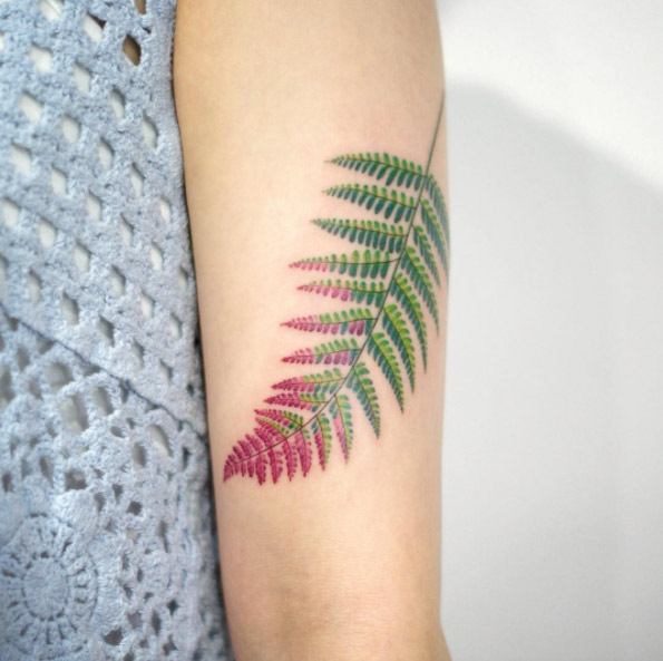 Green fern tattoo with a red top