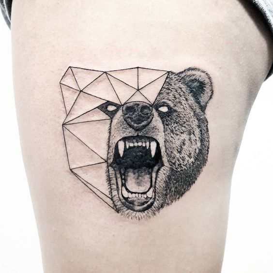 Half realistic half geometric bear head tattoo