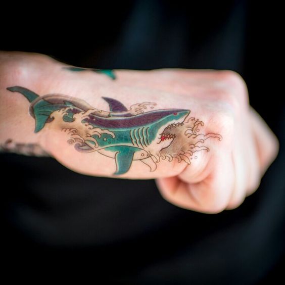 Japanese style shark tattoo on the right hand