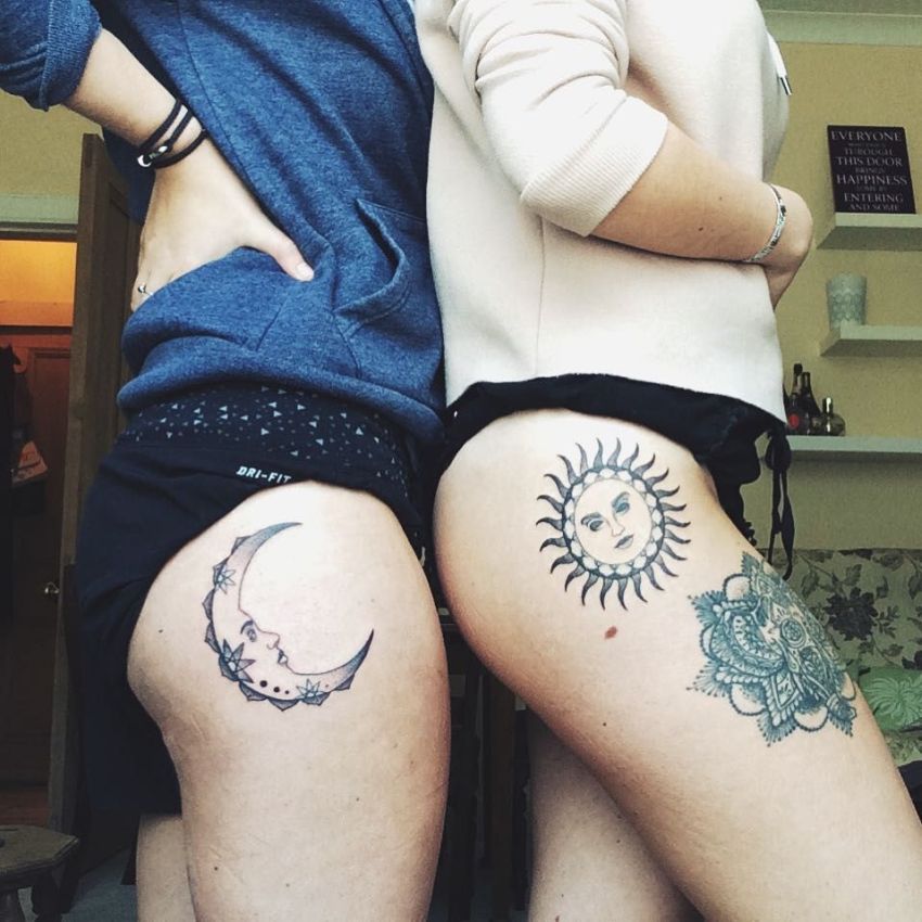 Moon and sun tattoo on the hip for best friends or sisters