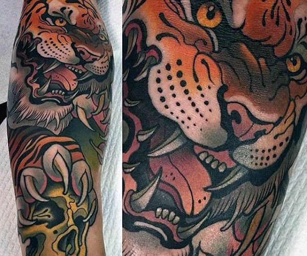 Neo traditional angry tiger tattoo on the left calf