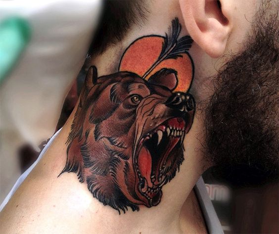 Neo traditional arrow stabbed bear tattoo on the neck