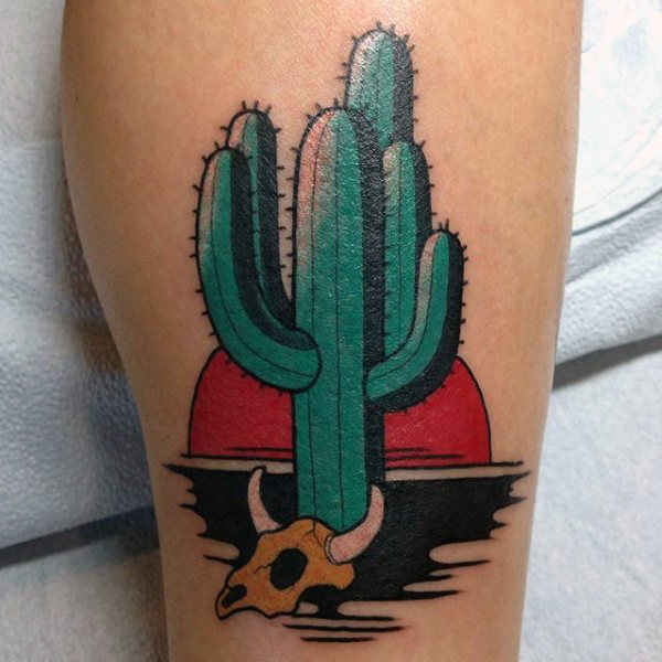 Neo traditional cactus tattoo on the calf