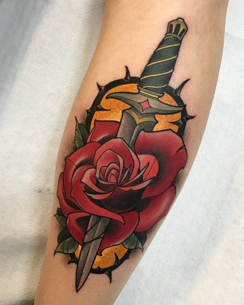 Neo traditional dagger stabbed rose
