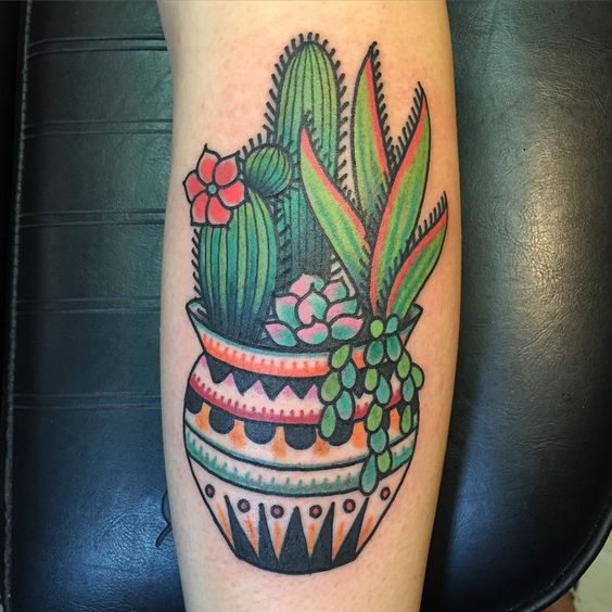 New mexico style tattoo of a cactus in a pot