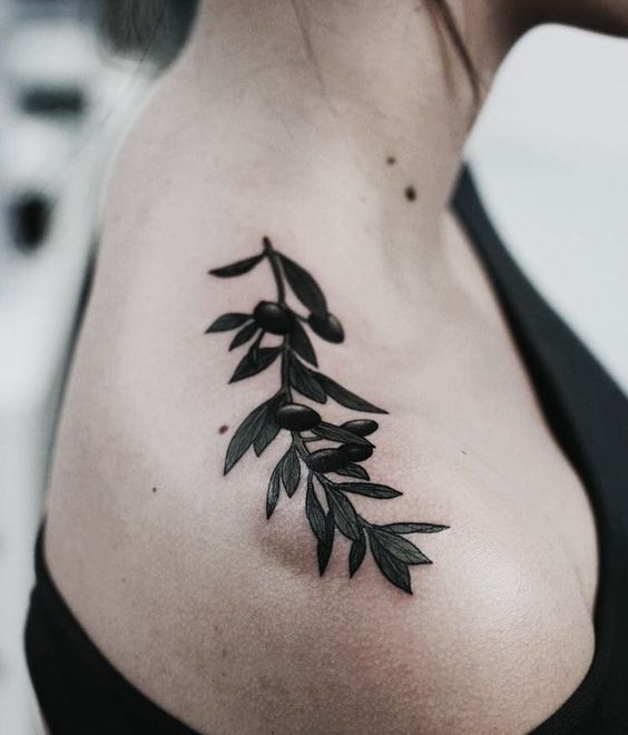Olive branch with leaves tattoo on the right shoulder