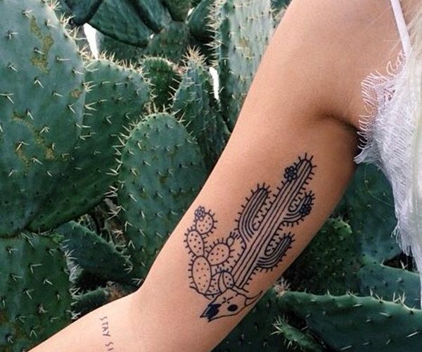 Outline cactus with a skull tattoo on the right inner arm