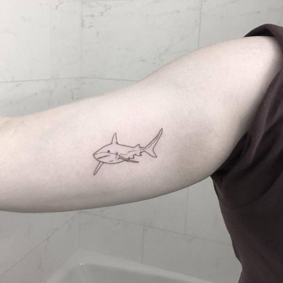 Outline small tattoo of a shark on the right bicep