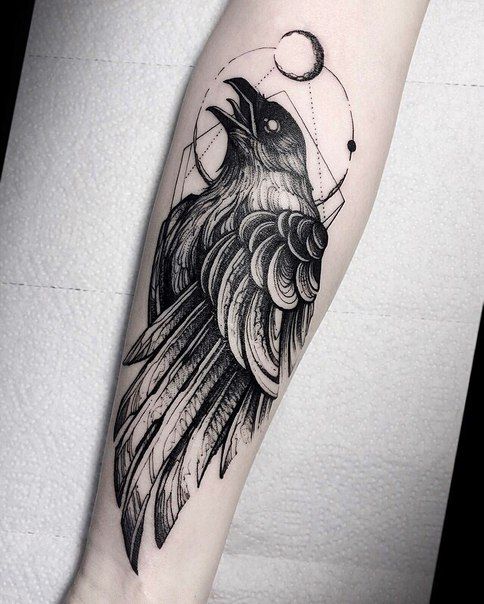 Raven and geometric shapes tattoo on the arm