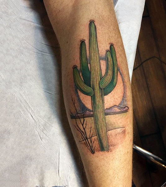 Realistic cactus tattoo with the sun in the background